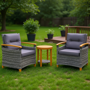 Set Bistrot da Esterno in Vimini Grigio con Cuscini per Giardino e Patio, Design Contemporaneo per 2 Persone, Telaio in Legno di Teak - Product Image 2