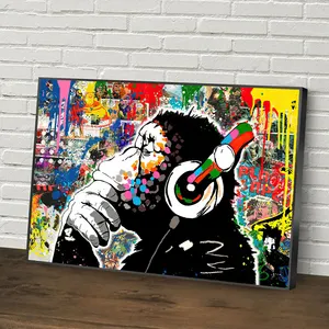 Monkey Paintings on Canvas Modern Street Art Colorful Baboon Listen To Music Posters and Print Home Wall Decorative Pictures