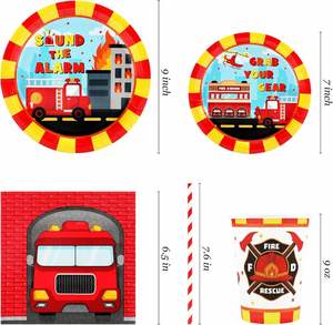 Assiettes en papier jetables OEM de 9 pouces, motif camion de pompiers CMYK, style moderne, fournitures de fête très vendues pour anniversaires et banquets d'équipe - Product Image 3