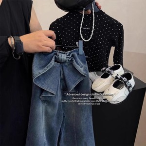 Girls Korean Style Bow Knot Denim Pants Blue Cotton Woven Childrens Pants Spring Fashion - Product Image 4