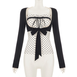 Sweet girly bow polka dot <b>white</b> strapless lace spliced tie front <b>cropped</b> <b>long</b> <b>sleeve</b> cardigan <b>top</b> set - Product Image 6