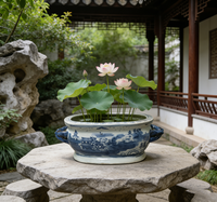 Bassin de Bain de Pieds en Porcelaine Bleue et Blanche Peinte à la Main, Style Antique de Jingdezhen, Motif Temple Montagneux, Pot de Plantes à Poignée
