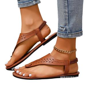 2025 estate sandali a fondo piatto da donna fascia elastica a punta larga a punta cava intagliata in pelle dietro pantofole piatte da esterno da spiaggia - Product Image 4