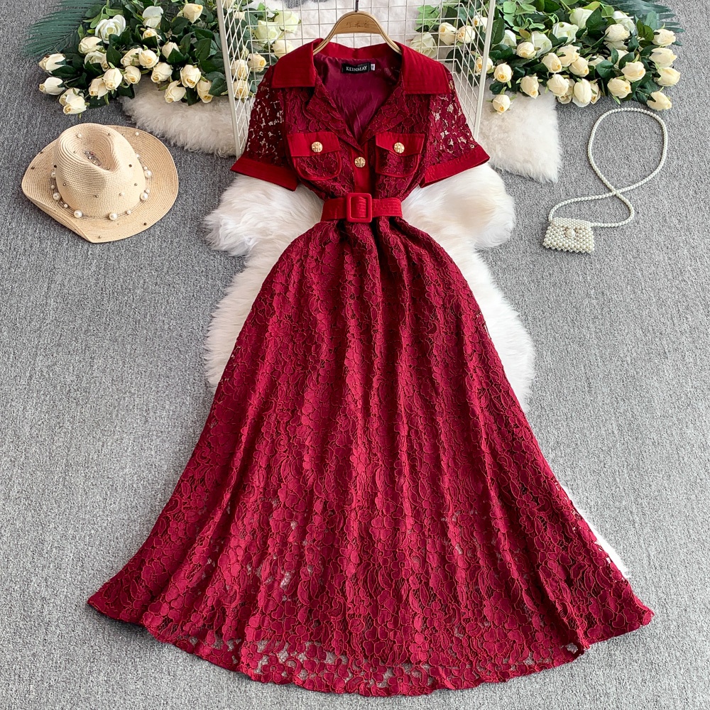 Autumn Elegant Suit Collar Short Sleeve Gown Dresses Women New Waist Lace  Dresses