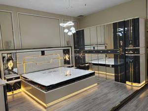 <span class=keywords><strong>2025</strong></span> nouvelle couleur grise Super <span class=keywords><strong>king</strong></span> Size 8 portes ensemble de meubles de chambre à coucher de luxe Royal LED éclairé tête de lit en miroir ensembles de chambre à coucher - Product Image 2