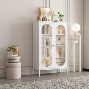 Mueble de Almacenamiento Moderno con Puerta de Vidrio y Acero, Directo de Fábrica, <span class=keywords><strong>Aparador</strong></span> Metálico <span class=keywords><strong>Blanco</strong></span> para Sala de Estar y Comedor, Fácil de Montar - Product Image 1