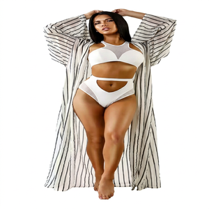 Conjunto de 5 piezas de traje de baño de chifón tejido a rayas con logo, de secado rápido, transpirable, con bordado de pedrería, para mujer - Product Image 1