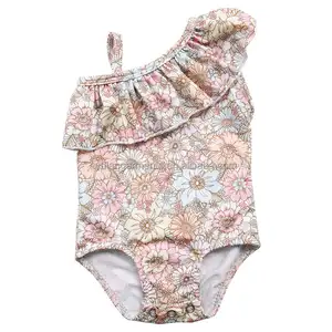 2024 New Design Summer Beach Sport Kids Swimwear Floral Printed 1 Shoulder Baby Ruffle Beach Suits