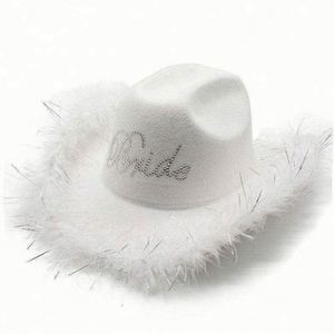 หมวกคาวบอยเฟโดร่าผ้าโพลีคอตตอนสีขาวสำหรับงานแต่งงาน งานปาร์ตี้ ขอบขนนกเงางาม สไตล์นักตกปลา มีจำหน่ายในราคาขายส่ง - Product Image 2