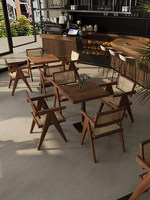 Chaise en bois massif avec dossier en rotin, table carrée en bois massif, style Wabi Sabi, minimaliste vintage pour café, boulangerie, restaurant