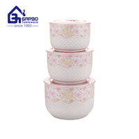 Lot de 3 bols à soupe ronds en porcelaine fine (New Bone China) avec couvercles – 290 ml, 540 ml, 930 ml – Vaisselle en céramique pour le stockage