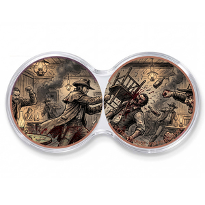 Cinematic 1oz 999 Cuivre Fin Rond Coloré UV, pièce à thème '<span class=keywords><strong>Western</strong></span> Night Campfire Ambush <span class=keywords><strong>Duel</strong></span>' avec capsule de présentation - Product Image 2