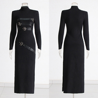 Punk Rollkragen-Kleid mit PU-Riemen-Dekor, Figurbetontes Midikleid für Damen, Einfarbiges Langarm-Strickkleid im Punk-Stil für Nachtclubs, Großhandel