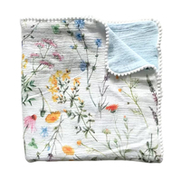 Couverture bébé en mousseline 4 épaisseurs réversible, imprimé floral bleu, bordure pompons, douce et respirante, pour poussette et berceau