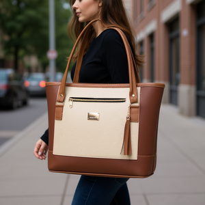 Bolso de Mano Rectangular Beige Cognac para Mujer, Marca Fana Lala, con Doble Asa, Diseño Moderno, Uso Diario, Microfibra, Cuero Sintético - Product Image 2