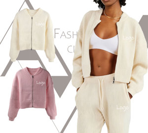 Cardigan court zippé en maille côtelée <span class=keywords><strong>rose</strong></span> pâle pour <span class=keywords><strong>femme</strong></span> avec logo brodé, idéal pour l'automne et l'hiver - Product Image 1