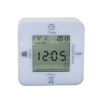 Jam Alarm Elektronik Plastik Modern Multifungsi 4-in-1 Mini Portabel Desktop dengan Termometer, Timer, dan Kalender Persegi