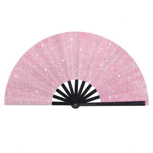 New Arrival 13-Inch Large Portable Bamboo Plastic Hand Fan Eco-Friendly 33cm Green <b>Glitter</b> Rave Carved Decoration Foldable - Product Image 5