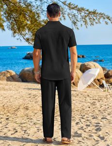 Conjuntos de 2 Piezas Casuales <span class=keywords><strong>y</strong></span> Transpirables para Hombre, Verano, Sólidos, 100% Fibra de Bambú, <span class=keywords><strong>Camisa</strong></span> de Manga Corta con Botones, Pantalones Holgados, Conjuntos para Vacaciones en la Playa - Product Image 5