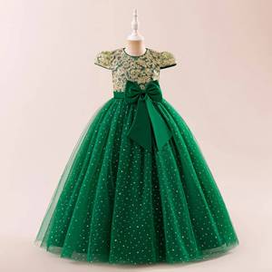 Robe de demoiselle d'honneur de luxe brodée à fleurs, manches volantées, robe de princesse tutu bouffante, costume de scène pour fête d'anniversaire de filles avec nœud - Product Image 5