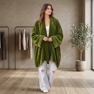 Women <b>Green</b> <b>Velvet</b> Kimono Cardigan Loose Fit Midi Length Casual Wear Polyester Material All Seasons Style India Pakistan Fashion - Product Image 1