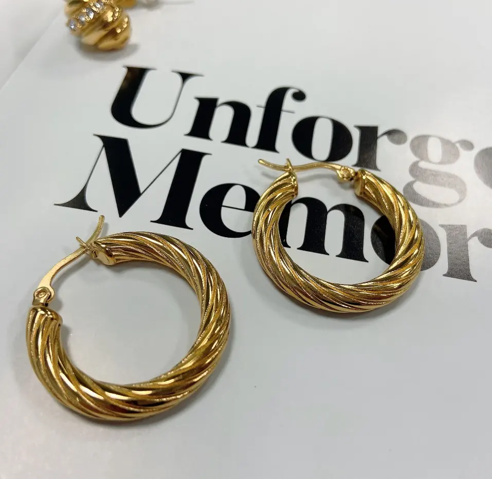 Minimalist European Fashion Jewellery 18k Gold Twisted Circle Hoop Earrings Stainless Steel Non-Tarnish Earrings Women