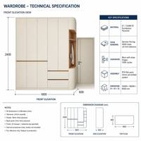 Système de rangement de chambre moderne avec placard intégré à porte vitrée, cadre foncé, éclairage LED, étagères ouvertes, tiroir, bois blanc, contreplaqué CARB P2