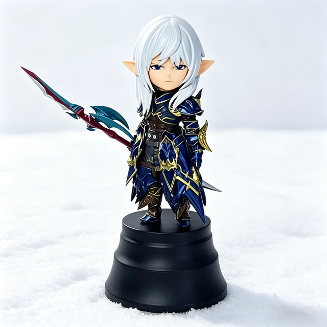 Cute Chibi Elf Knight Anime Figure, Fantasy Armor Spear Warrior Statue, Desktop Home Decor Collectible Gift