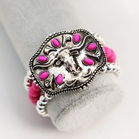 Bracelet multicouche ethnique vintage en perles, motif tête de taureau turquoise, style cowboy western, empilable