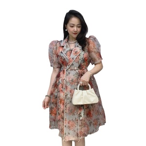 Vestido <span class=keywords><strong>de</strong></span> Organza Rosa con Estampado Floral Coreano Francés, Estilo Princesa, para <span class=keywords><strong>Mujer</strong></span>, Dos Piezas, Mangas Abullonadas, Talla Grande, Modelo LFF-6162 - Product Image 5