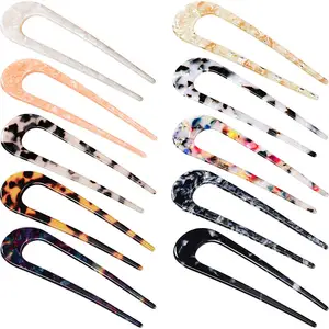 U-Shaped Hairpin with 2 Prongs Hair Pin Fork Sticks French Style Acetate Tortoise Shell Hair Stick Updo Chignon Pin for Women