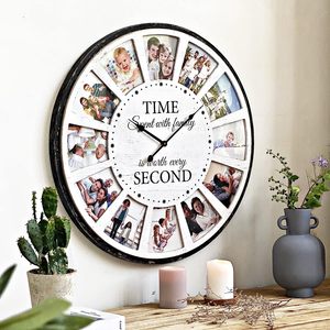Horloge murale en bois avec <span class=keywords><strong>collage</strong></span> de 12 photos, citation familiale, silencieuse, rustique, style ferme, grande horloge murale surdimensionnée pour la maison, le salon - Product Image 6