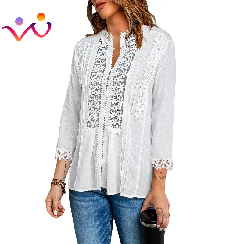 Mode solide Kurzarm Spitze aushöhlen schlanke Büro hemden Split Halbarm V-Ausschnitt Bluse Sexy Casual Tops Frauen Blusen