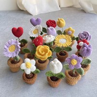 Cadeau de Saint-Valentin en gros bricolage Crochet Fower en pot à la main Mini pot de fleurs Rose fleurs Crochet tulipes fleurs tricotées