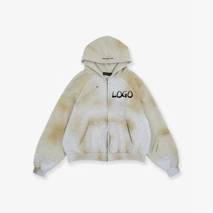 Vente en gros : Veste à capuche zippée streetwear courte, délavée, vieillie et usée, à manches raglan, avec logo personnalisé - Product Image 1