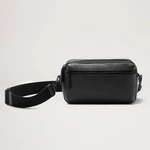 Custom Logo Pebble Leather Black Fashion Men's Zip Shoulder Messenger Crossbody Bag For Men