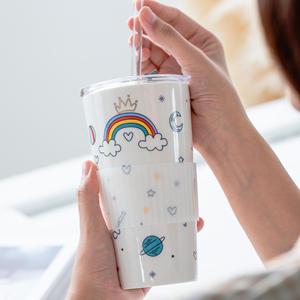 แก้วกาแฟเซรามิคลายการ์ตูนรุ้งพร้อมหลอดดูด แก้วน้ำน่ารักสำหรับสาวๆ ขายส่ง - Product Image 2