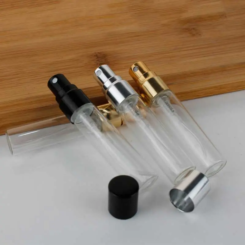Mini testador de perfume vial, 2ml 3ml 5ml 10ml, amostra de recarga transparente, garrafa de vidro com pulverizador de névoa dourada