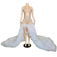 Nouvelle Arrivée Robe de Soirée Longue Sirène Vespera pour Femme, Taille Naturelle Ajustée, Ornée de Diamants, Plumes, Traîne Chapelle, Antistatique, Transparente