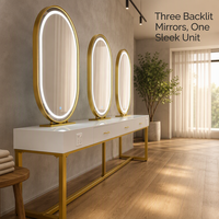 Miroir de salon multi-stations LED ovale rétroéclairé avec commande tactile, poste de coiffure 3 places, finition blanc doré avec tiroirs