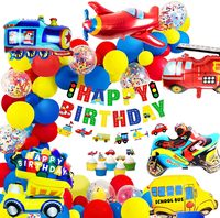 Kit de Bannière Joyeux Anniversaire Thème Transport : Autobus Scolaire, Train, Camion de Pompiers, Moto, Avion – Décoration de Fête d'Anniversaire pour Enfants