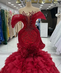 Robe <span class=keywords><strong>de</strong></span> soirée longue sirène rouge personnalisée avec volants, robe <span class=keywords><strong>de</strong></span> mariée <span class=keywords><strong>de</strong></span> luxe ornée <span class=keywords><strong>de</strong></span> perles, robe <span class=keywords><strong>de</strong></span> cocktail élégante sans bretelles - Product Image 2