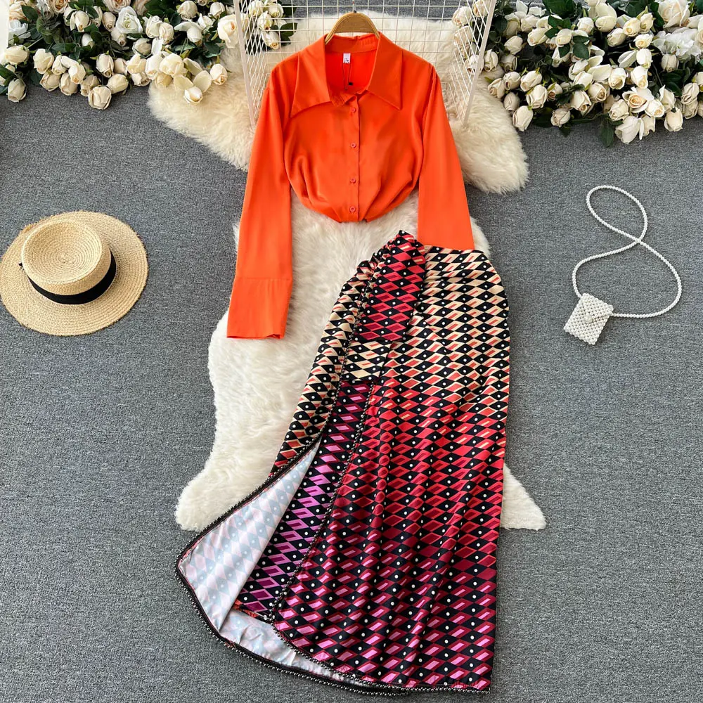 2 pieces suits women's summer style long sleeved orange blouse print high slit hips multicolor skirt