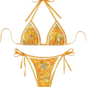 Conjunto de bikini con estampado floral azul para mujer, traje de baño de 2 piezas con cordones cruzados y de secado rápido para playa y deportes acuáticos - Product Image 5