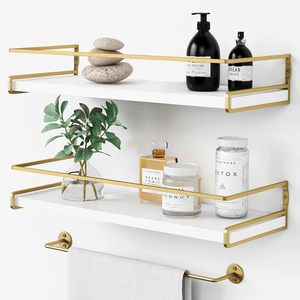Juego de 2 Estantes <span class=keywords><strong>Flotantes</strong></span> Vintage, Resistentes, para <span class=keywords><strong>Colgar</strong></span> en la Pared, Dorados, para Toallas, Almacenamiento para Cocina, Baño y Sala de Estar - Product Image 1