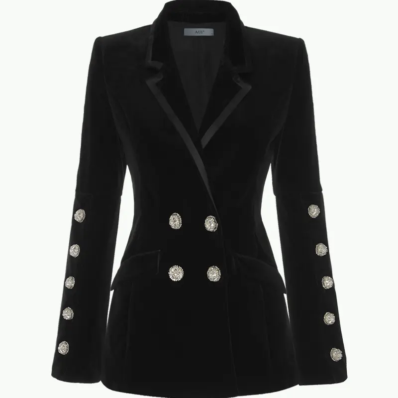 OEM Blazer Factory Elegant Women Designing Top Quality Diamonds Buttons Slim Casual Velvet Black Blazers