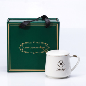 Lucky Ceramic Coffee Cup With Lid And Saucer Set Green Gift <b>Box</b> Packaging - Product Image 1