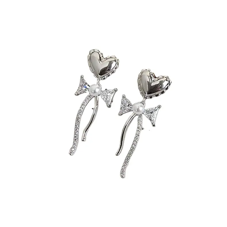 S925 Silver Needle French Exquisite Love Heart Bow Mermaid Pearl Stud Earrings For Women Crystal Elegant Cute Pearl Earrings