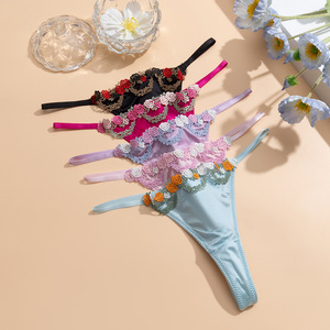 Wholesale <b>Women</b> Luxury Satin <b>Thong</b> Panties Rose Embroidery Thin Strap Low Rise T-back Ladies Underwear Intimate Lingerie OEM ODM - Product Image 1
