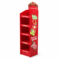 Présentoir de sol en carton ondulé rouge personnalisé FSDU à 5 niveaux avec en-tête personnalisée pour la promotion de bonbons, chocolats et snacks en supermarché